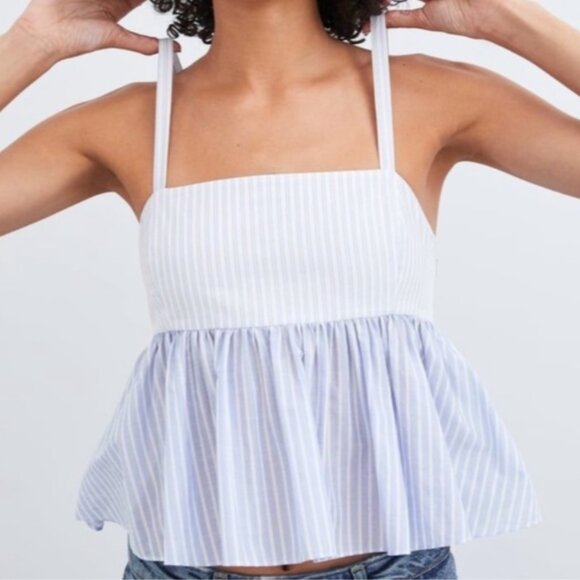 New Zara Blue and White Striped Open-Back Cropped Tank Top - Picture 8 of 16